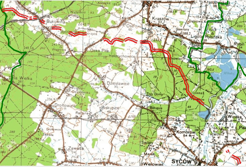 Przebieg linii Bartholda przez północną część Nadleśnictwa Syców