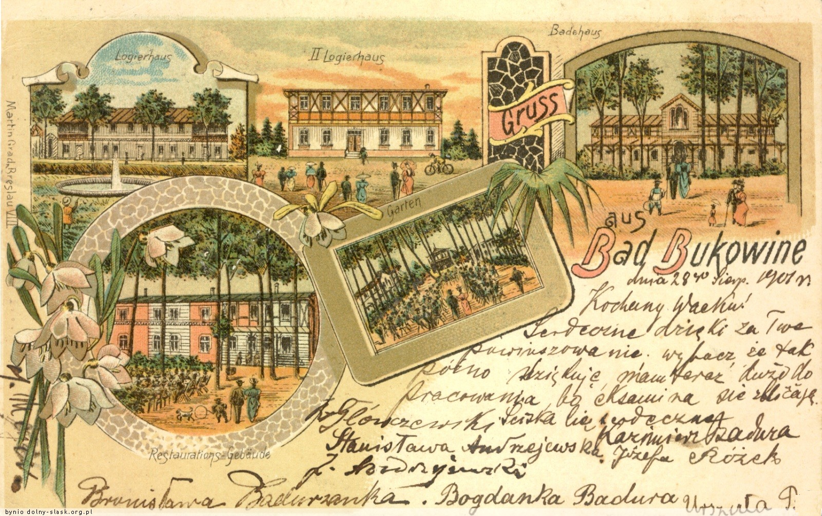 Pocztówka przedstawiająca budynki kompleksu uzdrowiskowego.